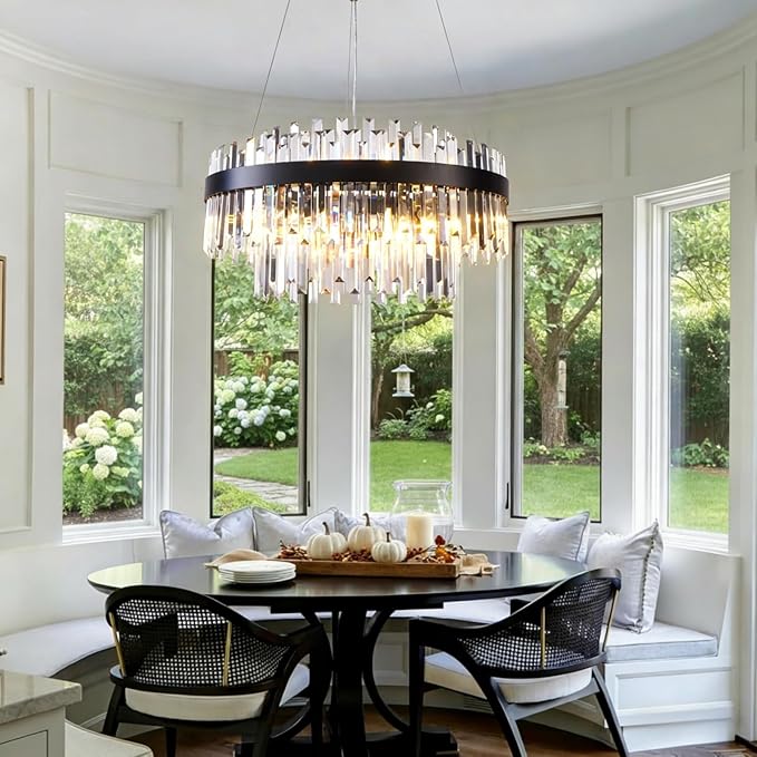 Modern Luxury Black Crystal Chandelier, 9-Light 2-Tier Round Raindrop Adjustable Flush Mount Pendant Light for Dining Room,Living Room,Kitchen,Entryway, Foyer - 23.6" D, E12 Base
