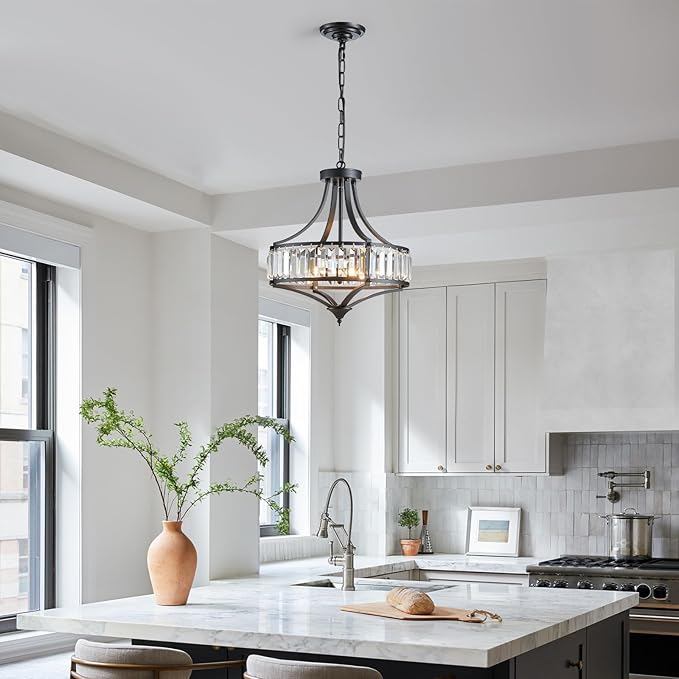 Black Crystal Chandeliers for Dining Room, Round Rustic Farmhouse Chandelier with Metal Shade 4-Light Modern Pendant Lighting for Hallway, Bedroom, Foyer