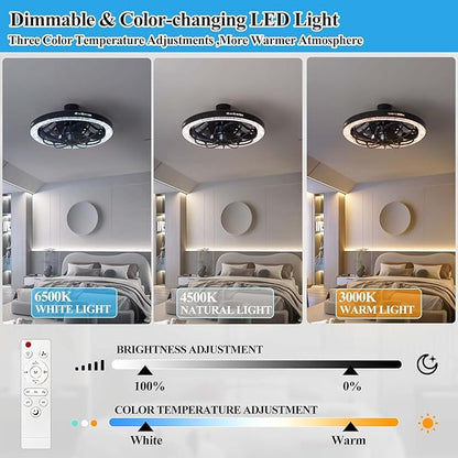 Socket Fan Light with Remote, 13 inch Socket Ceiling Fan with Dimmable Led Light, 3 Colors 3000K-6500K, 3 Speeds, Flush Mount Ceiling Fans with Lights for Bedroom, Kitchen, Living Room-Black