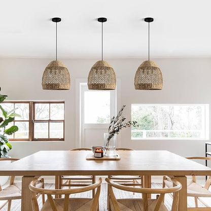 13.8" Farmhouse Woven Chandelier Rattan Wicker Lighting for Dining Room Boho Light Fixture Hanging 3-Lights Brown Pendant Light Kitchen Island for Restaurant Bedroom Breakfast Entryway Bar