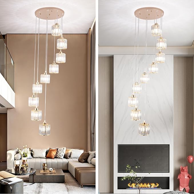 High Ceilings Long Chandeliers Modern Crystal Pendant Light Raindrop Drop Lamp Hanging Chandeliers Flush Mount Lighting Fixtures for Staircase Foyer Entryway Gold 9 Lights