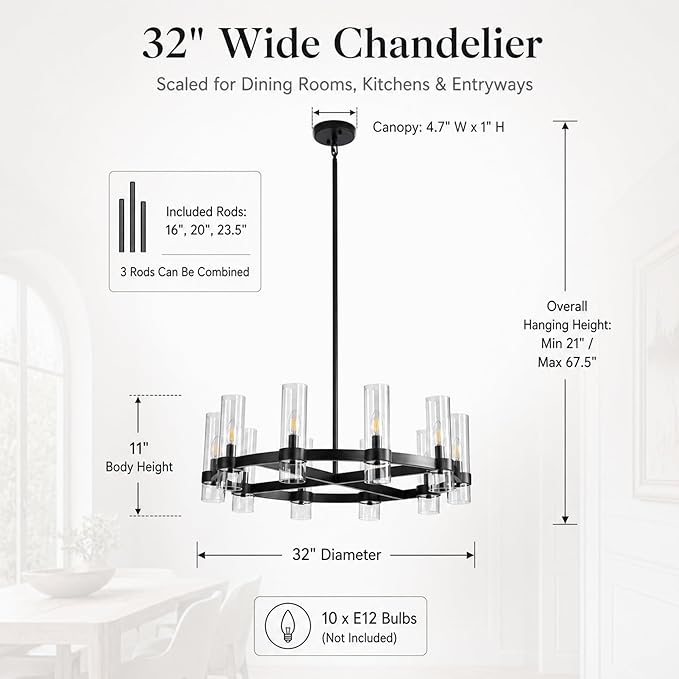 32 Inch Black Cross Wagon Wheel Chandelier with Glass Shades, 10 Lights X-Frame Farmhouse Chandelier, Modern Rustic Pendant Light for Dining Room, Kitchen Island, Entryway