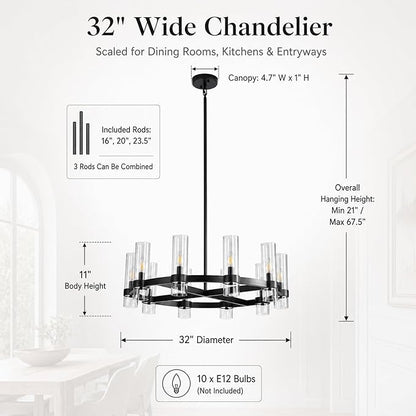 32 Inch Black Cross Wagon Wheel Chandelier with Glass Shades, 10 Lights X-Frame Farmhouse Chandelier, Modern Rustic Pendant Light for Dining Room, Kitchen Island, Entryway