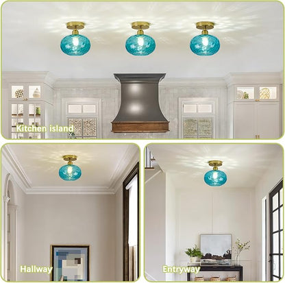 Luafac Blue Glass Semi Flush Mount Ceiling Light - 7.9 Inch Hammered Art Deco Glass Small Hallway Light fixtures, Vintage Gold Flush Mount Ceiling Light for entryway Foyer Laundry Room Kitchen