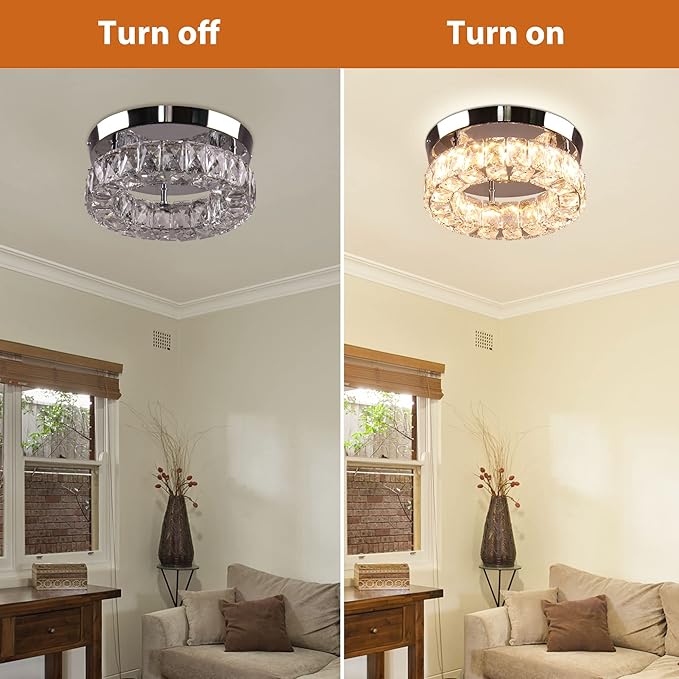 9.8" Modern Mini LED Crystal Chandelier Round Crystal Ceiling Light Flush Mount Light Fixture Small Ceiling Light for Hallway Foyer Kitchen Closet Warm White