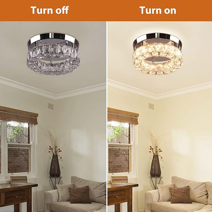 9.8" Modern Mini LED Crystal Chandelier Round Crystal Ceiling Light Flush Mount Light Fixture Small Ceiling Light for Hallway Foyer Kitchen Closet Warm White
