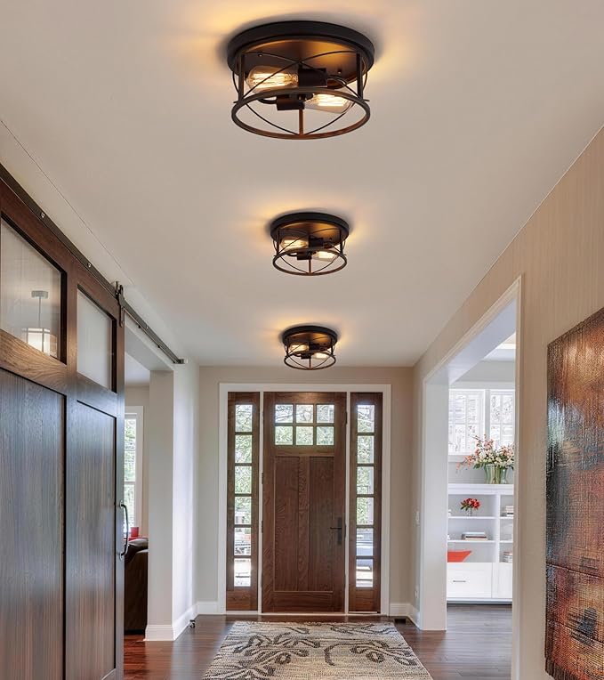 Q&S Farmhouse Ceiling Light Fixture Flush Mount,ORB+Bronze,Rustic Vintage Mini Ceiling Lighting for Hallway Entryway Kitchen Dining Room Bedroom Garage Gazebo Locker,2 Lights UL Listed