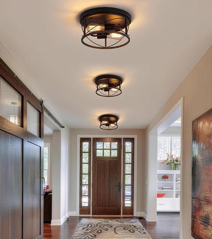 Q&S Farmhouse Ceiling Light Fixture Flush Mount,ORB+Bronze,Rustic Vintage Mini Ceiling Lighting for Hallway Entryway Kitchen Dining Room Bedroom Garage Gazebo Locker,2 Lights UL Listed