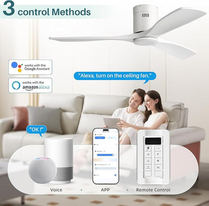CACI Mall 52 Inch Smart Ceiling Fan without Light, Flush Mount, 3 Blades Solid Wood, Low Profile, Modern, Outdoor/Indoor Ceiling Fans No Light for Bedroom/Farmhouse/Patio