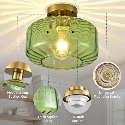 Green Glass Semi Flush Mount Ceiling Light, Luxury Close to Ceiling Light Fixtures with Glass Shade, 11" Round Light Fixtures Ceiling Mount for Bathroom Dining Room Bedroom Living Room Hallway, E26