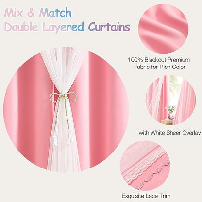 XiDi Pink Curtains Blackout 84 Inches Long for Girls Bedroom Living Room 2 Panels Grommet Thermal Insulated Double Layer Cute Girly Nursery Curtains with Sheer Overlay for Kids Princess W52XL84