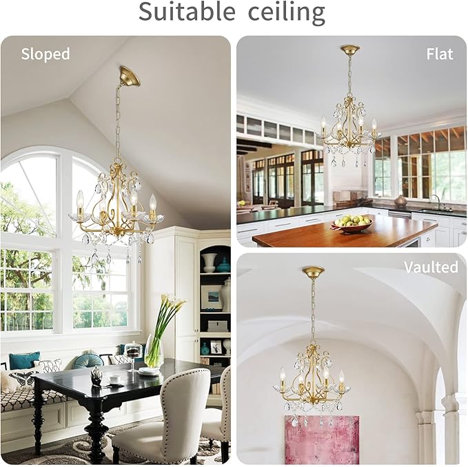WUZUPS Crystal Candle Chandelier Pendant Flushmount Ceiling Light Modern Lighting Fixture for Bedroom Hallway Bar Kitchen Bathroom, H 14" x W 16", Gold, E12 Base