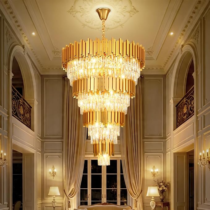 11-Tier K9 Crystal Chandelier, 32" Modern Gold Adjustable Height Pendant Light, Luxury Round Chandeliers for High Ceiling, Foyer, Staircase, Entryway, Two-Story Living Room