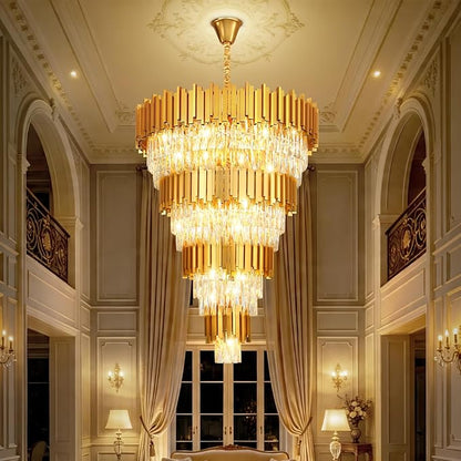 11-Tier K9 Crystal Chandelier, 32" Modern Gold Adjustable Height Pendant Light, Luxury Round Chandeliers for High Ceiling, Foyer, Staircase, Entryway, Two-Story Living Room