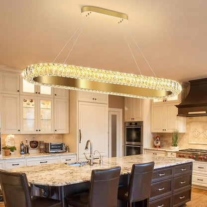 40'' Oval Ring Crystal Chandelier Modern LED Dimmable Ring Pendant Light Chandelier for Dining Room Living Room Gold
