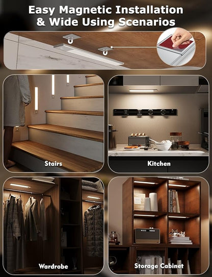 12" Ultra-Thin Under Cabinet Lighting Wireless, Aluminum Alloy Under Counter Lights for Kitchen, 3-Color-Temps Magnetic Closet Lights, Rechargeable Motion Sensor Light Indoor (2Pack, Silver)