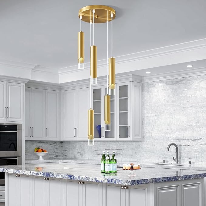 Modern Pendant Light Kitchen Light Fixture Dimmable LED Gold Mini Pendant Lights Dinning Room Gold Pendant Lighting for Kitchen Island Bedroom (5-Light)