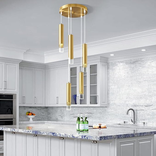 Modern Pendant Light Kitchen Light Fixture Dimmable LED Gold Mini Pendant Lights Dinning Room Gold Pendant Lighting for Kitchen Island Bedroom (5-Light)