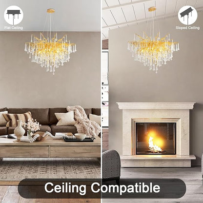 Gold Crystal Chandelier for Dining Room - 23in Modern Raindrop Teardrop Tree Branch Brass Chandeliers for Living Room, Bedroom, Entryway, Foyer, High Ceiling, Bathroom(Bulb not Included)