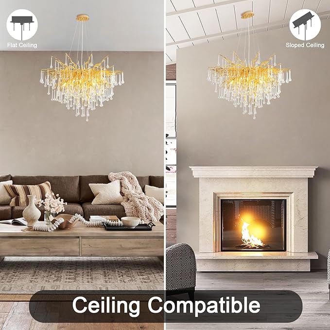 Crystal Chandelier for Dining Room - 31in Modern Farmhouse Crystal Gold Chandelier, Raindrop Tree Branch Chandeliers for Living Room, Bedroom, Entryway, Foyer, High Ceiling(Bulb not Included)