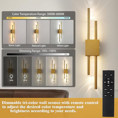 Battery Operated Wall Sconces Set of Two, Rechargeble Modern Crystal Bathroom Wall Sconces, 3000K-6000K Dimmable Gold LED Wireless Wall Lights for Vanity Bedroom Living Room Hallway 19.7in