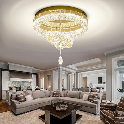 Flashing God Dia 20" Modern Crystal Chandelier for Dining Room Gold Ceiling Chandelier Flush Mount Ceiling Light for Living Room Bedroom Hallway