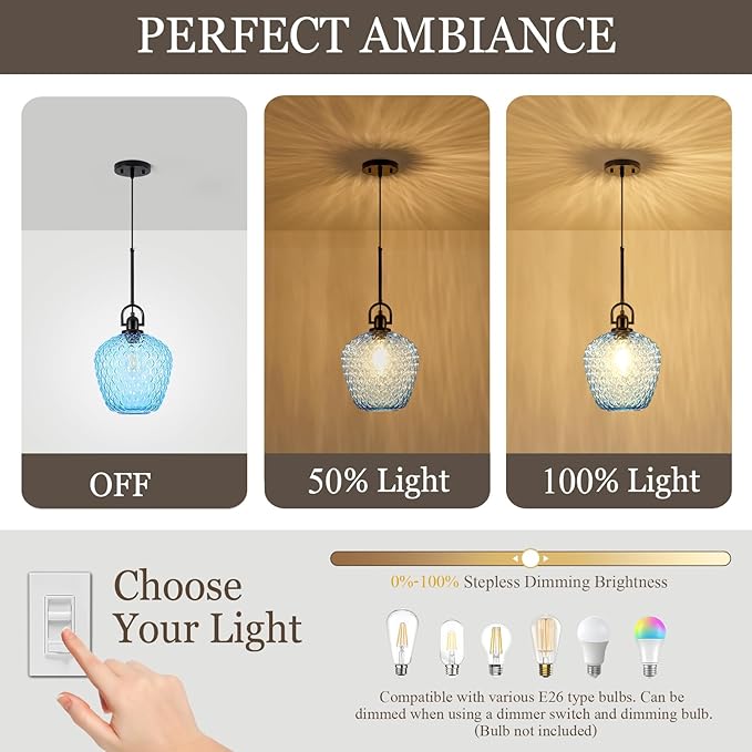 Large Glass Pendant Lights Kitchen Island, 10" 1-Light Black Pendant Light Fixtures with Blue Hammered Glass, Modern Hanging Light for Kitchen Island Dining Room Entryway Foyer