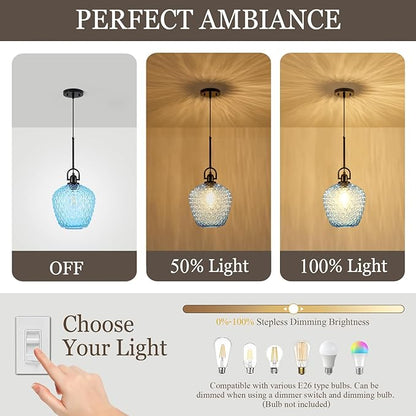 Large Glass Pendant Lights Kitchen Island, 10" 1-Light Black Pendant Light Fixtures with Blue Hammered Glass, Modern Hanging Light for Kitchen Island Dining Room Entryway Foyer