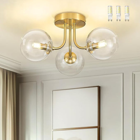 3-Globe Gold Flush Mount Ceiling Light in a Modern Farmhouse Design is Ideal for Living Rooms, Bedrooms, or Dining Rooms. Model:CKCL4845-3W-CLPG,(Bulb Incl)