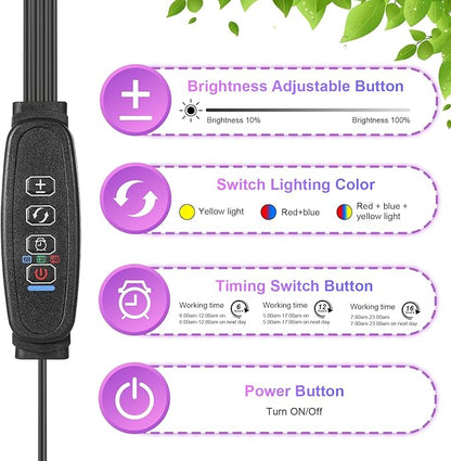 Indoor Plant Grow Light, 80 LED Black 4-Tube Lamp with Full Spectrum Red/Blue/Yellow, 6/12/16H Timer, 10-Level Dimmable, Flexible Gooseneck, 3 Spectral Modes