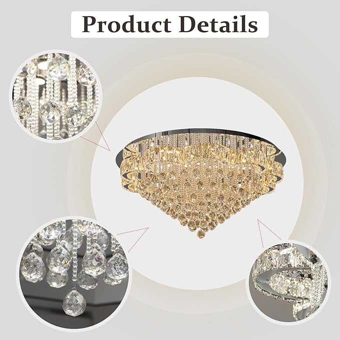 Flashing God W40inches Modern Chandeliers for Living Room LED Crystal Chandelier Light Fixtures Flush Mount Chandeliers Ceiling Chandelier for Bedroom Foyer Hallway Dining Room