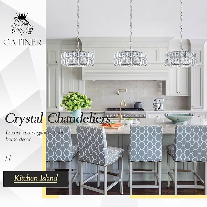 CATINER Chrome Crystal Chandeliers, Modern Semi Flush Mount Ceiling Light, Small 4-Ligh Round Crystal Hanging Pendant Light Fixtures,D12” for Dining Room Entryway Kitchen Hallway