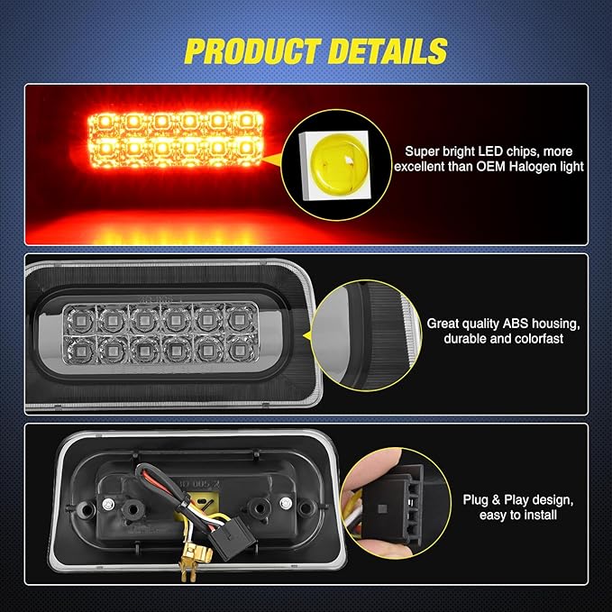 Nilight Third Brake Light Tail High Mount 3rd Stop Lights Smoked Lens Compatible with Chevy S10 and GMC Sonoma 1994-2003 Isuzu Hombre 1996-2000 Truck Rear Center Cab Lamp