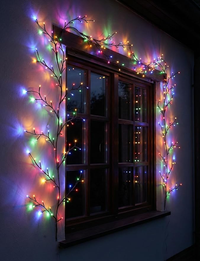 Solar Willow Vine Lights Outdoor, 7.8FT 144LEDs RGB Enchanted Willow Vine Lights with Remote, Waterproof Garden Decor for Wall Window Porch Patio Party Decor