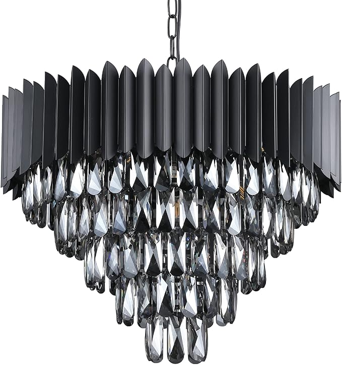 A AXILIXI Black Crystal Chandeliers,Contemporary 24'' Modern Ceiling Lights Fixtures Flush Mount Pendant Light 12 Lights 5-Tiers K9 Large Hanging Lamp for Entryway Dinning Room Living Room Bedroom