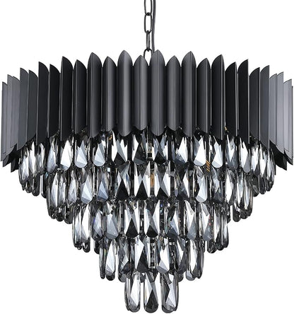 A AXILIXI Black Crystal Chandeliers,Contemporary 24'' Modern Ceiling Lights Fixtures Flush Mount Pendant Light 12 Lights 5-Tiers K9 Large Hanging Lamp for Entryway Dinning Room Living Room Bedroom