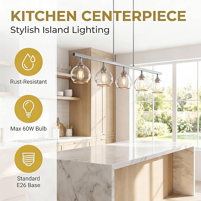 Kitchen Island Linear Pendant Light, 5-Light Modern Chandelier with Clear Glass Globe Shades, Linear Lighting Fixture Over Dining Table, Brushed Nickel