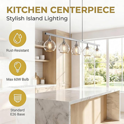 Kitchen Island Linear Pendant Light, 5-Light Modern Chandelier with Clear Glass Globe Shades, Linear Lighting Fixture Over Dining Table, Brushed Nickel