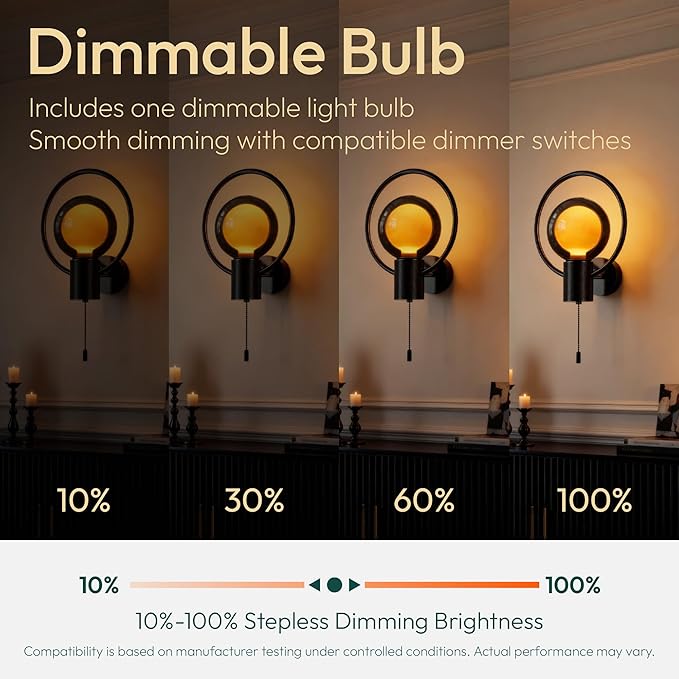 ALAMPEVER Modern Wall Sconce with Pull Chain, Metal Black Wall Lights with G125 Glass Globe Bulb, Wall Mount Light for Enhancing Indoor Ambience in Bedroom, Living Room, and Hallway, 1 Pack