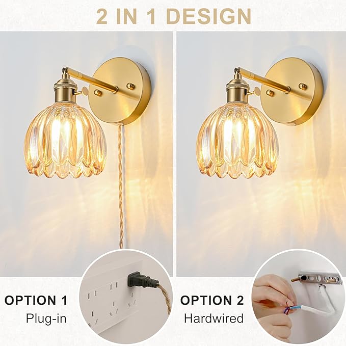 Plug in Wall Sconces Set of 2, Vintage Wall Sconce Light with Tulip Amber Glass Lampshade, Bedroom Wall Sconce with Switch and Plug in wall lamp Cord, Gold Wall Light Wall Decor Set of 2