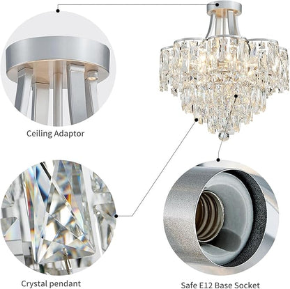 WUZUPS Crystal Chandelier Semi-Flushmount Ceiling Light Modern Lighting Fixture for Bedroom Hallway Entry Kitchen Bathroom, H 19.3" x W 18.3", E12 Base, Silver