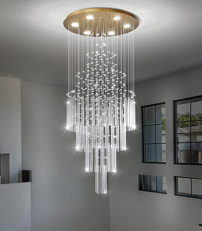 HAIXIANG W20 x H40 Crystal Glam Chandelier Long Light Chandeliers with Dimmable Light Bulbs High Ceiling Light Fixtures for Foyer Entryway Living Room Stair Gold