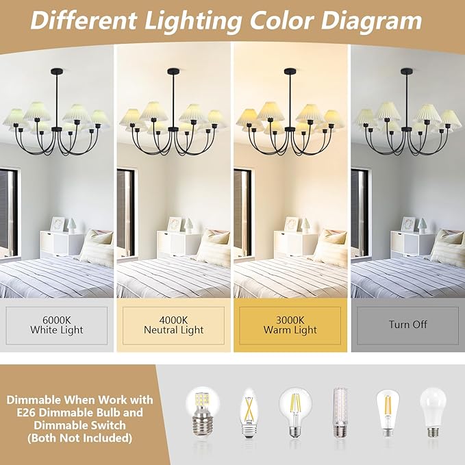 KCO Lighting Large White Pleated Chandelier 8 Light Black Chandelier Light Fixture Mid Century Modern Kitchen Light Nordic Vintage Pleated Pendant Lamp Industrial Dining Room Chandelier