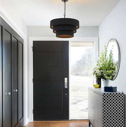 20” Boho Hand Woven Rattan Chandelier Modern 3 Round Adjustable Coastal Pendant Light for Kitchen Island Dining Living Room, Black, UL Listed