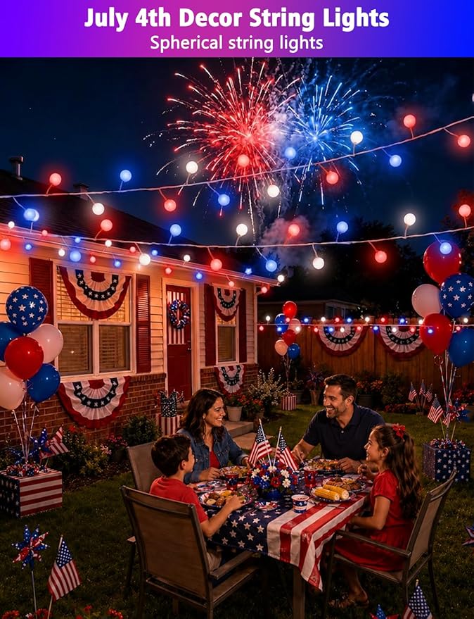 echosari Smart 4th of July Lights Plug in, 10FT 60 LED Color Changing Globe Fairy Lights RGB Built in Chip with App Remote Control, Firecracker String Lights for Indoor Bedroom Party Holiday Decor