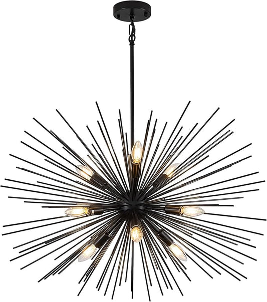 32in Black Sputnik Chandelier Solid Metal Starburst Chandelier Light Fixture 9-Light Mid-Century Modern Satellite Light Fixture for Living Room Dining Room Foyer Study Room Bathroom,E12
