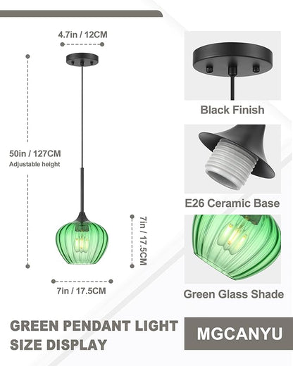 2-Pack Green Pendant Lights Kitchen Island, 7" Vintage Glass Pendant Lighting Fixtures Mini Hanging Light for Kitchen, Dining Room, Bathroom, Bedroom