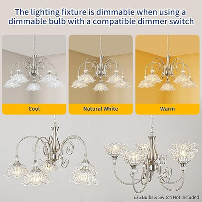 5-Light Chandeliers in Brushed Nickel Finish with Crystal Glass Shades, Brushed Nickel Chandelier Light for Dining Room,Hallway,Kitchen
