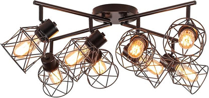 8 Lights Adjustable Multi-Directional Black Light Fixtures, Semi Flush Mount Ceiling Light, Kitchen Light Fixtures Track Lighting Fixtures with Metal Cage Industrial Spotlight Fixtures for Dining Room