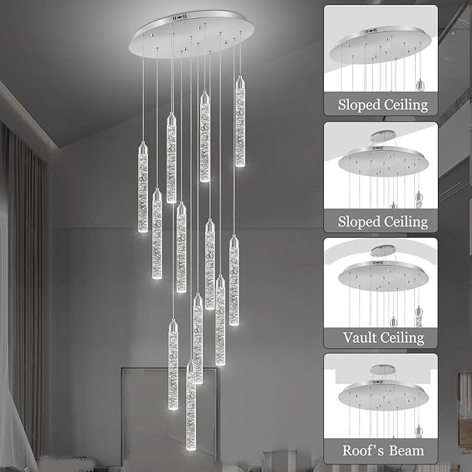Crystal Staircase Chandelier, Modern Chrome Large Spiral Dimmable LED Cluster Raindrop Foyer Chandelier Lighting, Bubble Living Room Hanging Light Fixture 12 Light Remote Control